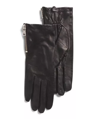 New AllSaints Touchscreen Leather Gloves With Zipper Sides - Black Size Large • $79.99