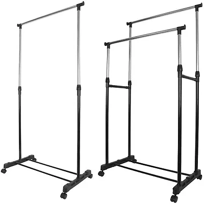 Garment Rack Single Double Silver Black Adjustable Portable Clothes Rail Stand • £9.95