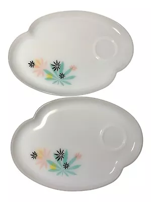 Set Of 2 MCM Atomic Flower Pot Leaf Federal Milk Glass Patio Snack Plates Only • $24.99