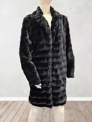 GIANNI FERAUD Soft Black Faux Fur Coat Sable Effect Glamour Goth Steampunk 12 • £49.99