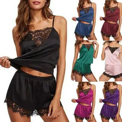 £2.88 • Buy Women Ladies Satin Silk Lace Cami Vest Shorts Lingerie Pyjamas Set Sleepwear Pj