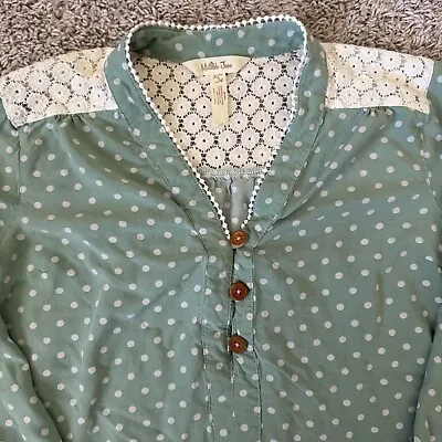 Matilda Jane Shirt Blouse Womens Small Green Polka Dots Retro Wood Buttons Lace • $18