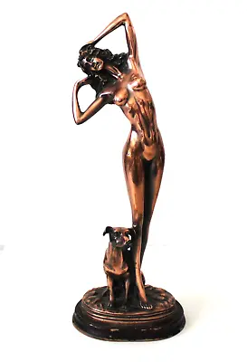 Vintage Bronze Style Metal Statue Figurine NUDE WOMEN WITH DOG 17.5 Tall • $220