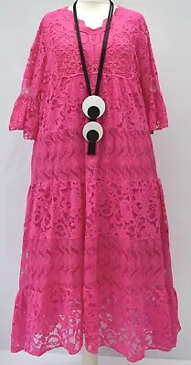 PLUS SIZE LA BASS PINK 2 LAYERS COTTON LACE MIDAXI A-LINE DRESS Size 20-24 • £75