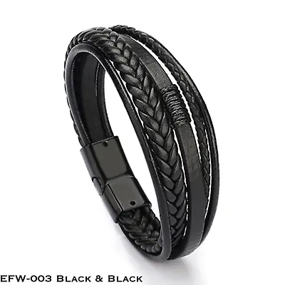 £7.99 • Buy Mens Leather Bracelet Braided Handmade Wristband Black Clasp Fashion Black Color