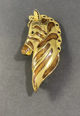 Vintage Zebra Horse Brooch Gold Tone Enamel Costume Pin • $12