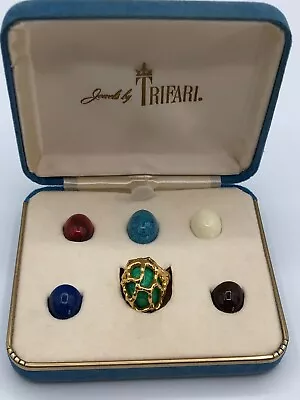 Vintage Collectors Jewels Signed Crown Trifari Cage Ring Interchangeable Stones • $125.99