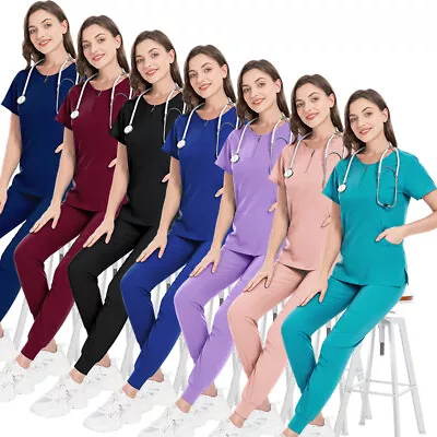 Stretch Nurse Uniform Jogger Scrub Set Women V-Neck Top Crgo Pant Medical Salon • $18.97