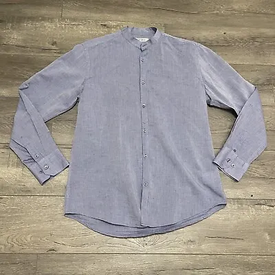 Emile Lafaurie Mens Linen Cotton Shirt Blue Mandarin Collar Long Sleeve Sz M • $33