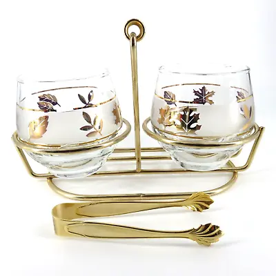 Vintage MCM LIBBEY GLASS ROLY POLY GOLD LEAF SUGAR & CREAMER In GOLDTONE HOLDER • $26