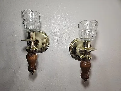 2 Vtg Wooden & Brass Wall Sconces Cottage Core W Glass Votive Candle Holders EUC • $26.99