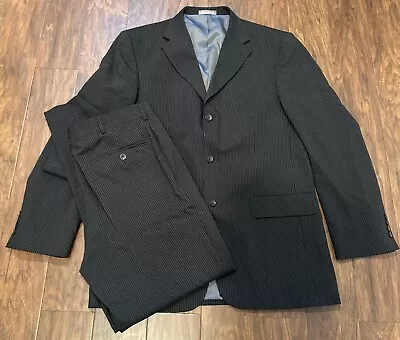 Oscar De La Renta 2 PIece Suit Mens 42L Black Pin Stripe Wool • $84.15