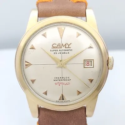 CAMY SINUSFLEX Super Automatic Cal.F692 Date 25J Gold Plated Men's Vintage Watch • $435.77