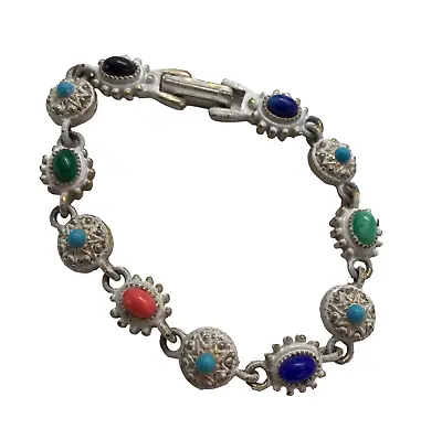 Vintage Link Bracelet Victorian Revival Colorful Caobochon Antiqued White • $17.96