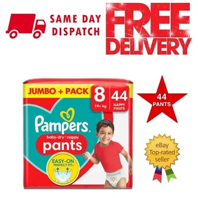 Pampers Baby-Dry Nappy Pants Size 8 19kg+ Jumbo+ 44 Pack Easy-On Perfect Fit Uk • £15.79