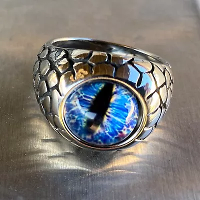 Mens Blue Reptile Eye Ring Snake Dinosaur Dragon Cat Lizard Stainless Steel 7-13 • $12.95