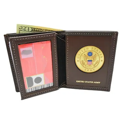 U S Army Gold Medallion Bi-fold Men's Brown Leather Wallet Military Veteran • $44.25