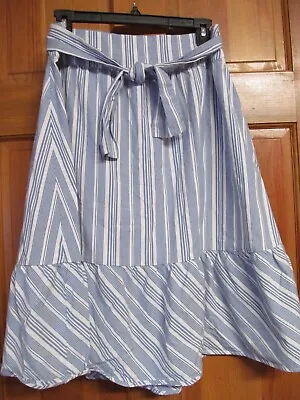 J.Crew L2331 Women's Blue White Striped Big Bow Tie Waist Ruffle Midi Skirt Sz 6 • $19.99