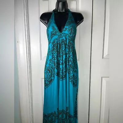 SZ SMALL Vintage Deep V Neck Halter Maxi Dress Vacation Teal Hawaiian Paradisco • $18