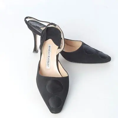 Manolo Blahnik Black Satin Carolyne Slingback Pump Heel Shoes Size 35 • $125