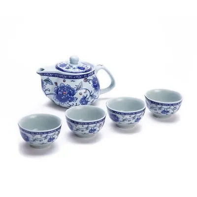 Exquisite 5 PCS Blue-And-White Peony Design Ceramic Tea Pot Tea Cups Set In... • £20.25