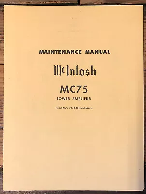 McIntosh  MC75 MC-75 Amplifier  Schematic & Parts List Manual  *Original* #2 • $29.97