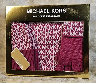 Michael Kors 3 Piece Scarf Hat Glove Boxed Set Fuchsia Pink W/MK Logo SHIPS FREE • $58.77