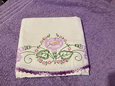 ONE Vintage Hand Embroidered PILLOWCASE..purple Morning Glory STANDARD SIZE • $12.50