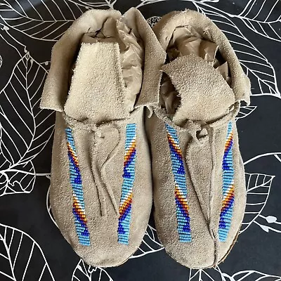 VTG Navajo Moccasins Deer Hide Beaded Glass Turquoise Blue Handmade Native Amer • $184.94