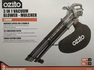 Ozito 2400W 3In1 Electric Blower Vac Vacuum Mulcher Large Volume Variable Speed • $79.95