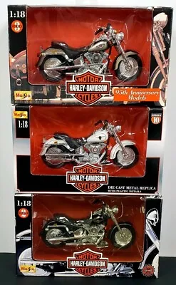 Lot 3 Maistro 1:18 Scale Diecast Harley Davidson Motorcycles Fat Boy 1998 2000 • $30