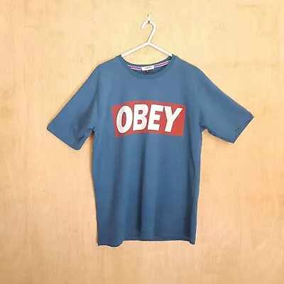 Obey Blue Logo Print T-shirt  Mens Large • £13.99