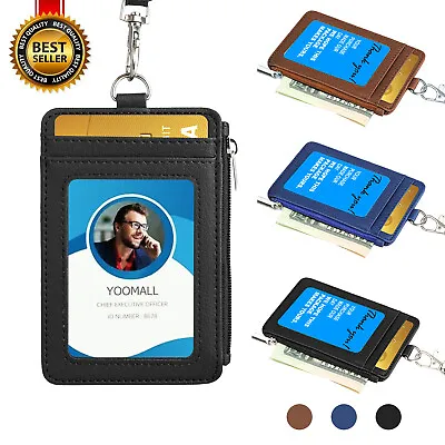 ID Badge Card Holder Synthetic Leather Vertical Clip Neck Strap Lanyard Case • $7.50