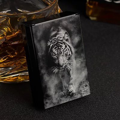 New Laser Engraving Tiger Aluminum Metal Cigarette Case For 20 Cigarettes Black • $12.99