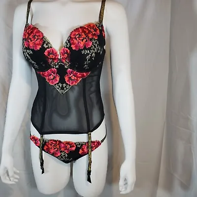 Victoria's Secret Merrywidow Garter Corset String Bikini Set 36C L Black Rose • $79.99