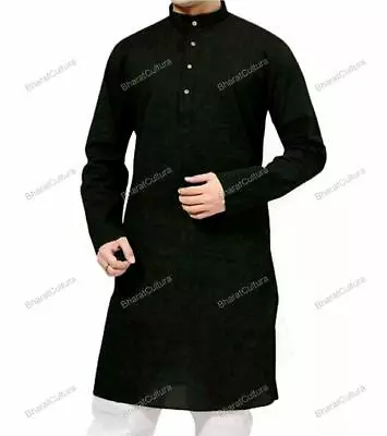 Mens Kurta Boys Clothing Black Indian Traditional Top Tunic Long Kurta Shirt • £17.40