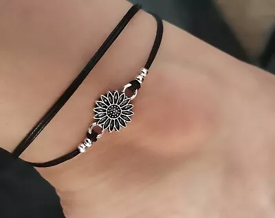 £3.50 • Buy 🌼2 Pce Black Cordstring  Daisy/Sunflower Ankle Bracelet Anklet Adjustable