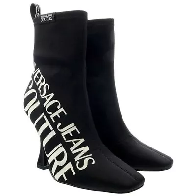 Versace Jeans Couture Black High Heel Signature Print Ankle Boots Size: 38 / 7.5 • $244.55