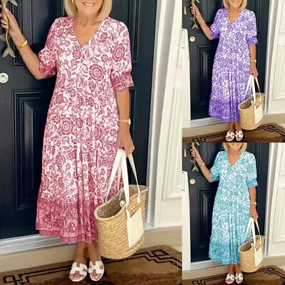 Boho Women V-Neck Floral Long Dress Ladies Summer Plus Size Beach Party Sundress • $29.90