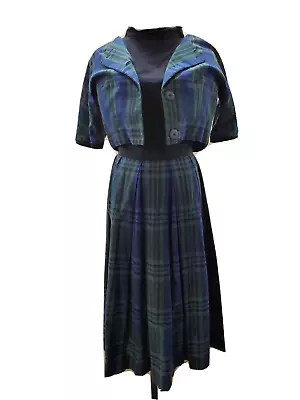 60s L'Aiglon Plaid Dress And Bolero Jacket With Pleats. Size 12. Blue And Green • $40