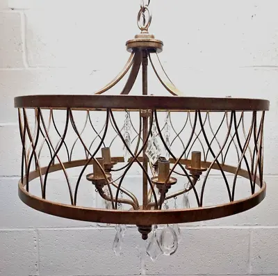 5 Light  Round Iron Chandelier With 15 Hanging Crystals Gilded Gold Finish • $95
