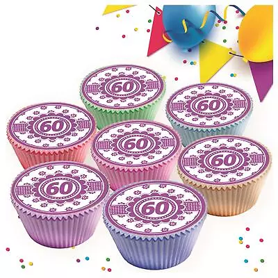 60th Age 60 Happy Birthday Cupcake Toppers Edible Premium Decorations 1420 Purpl • £2.99