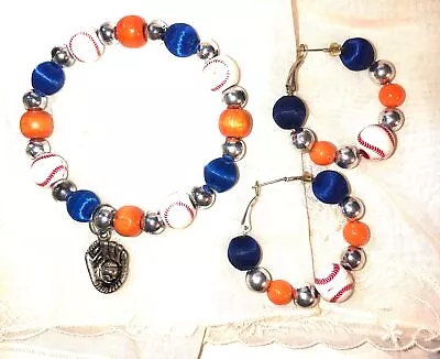 Large Silver Hoop Baseball Theme Beaded Earrings Bracelet Vtg Orange Blue White • $45