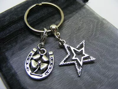 £3.95 • Buy Double Star & Lucky Clover Horseshoe Charm Keyring With Gift Bag (NC)