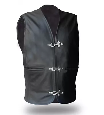 Men Biker Vest Genuine Black Cow Leather Waistcoat Jacket With Chrome Hooks • £64.99