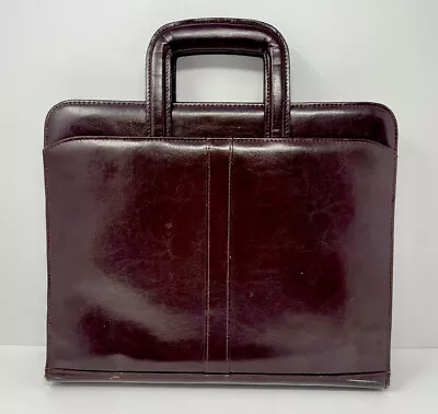 Vintage Leather Portfolio Organizer Traveling Burgundy Brown Collapsible Handle • $31.50