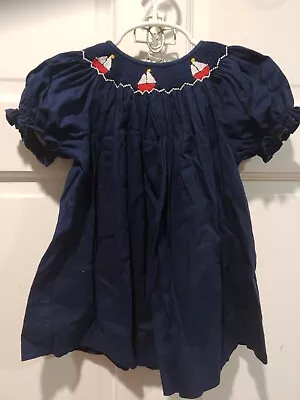 Vive La Fete Smocked Pleated Dress Navy Blue Sailboats Nautical 18 M EUC • $20