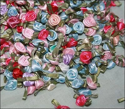 Small Mini Satin Ribbon Rose Buds Flowers With Satin Green Leaves Applique Craft • £3.10