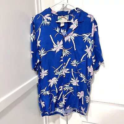 Paradise Found Shirt Mens Large Blue Palm Tree S/S Hawaiian Aloha Camp Magnum PI • $20.99