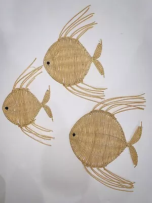 Vintage Wicker Rattan Fish Family Wall Decor Hanging Set 3 Beach Nautical Boho • $17.99